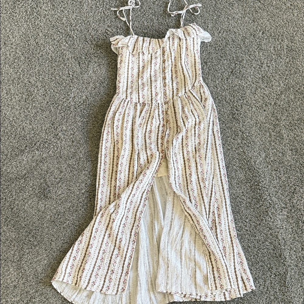 Women's Cream Floral Stripe Maxi Dress with Tie Straps